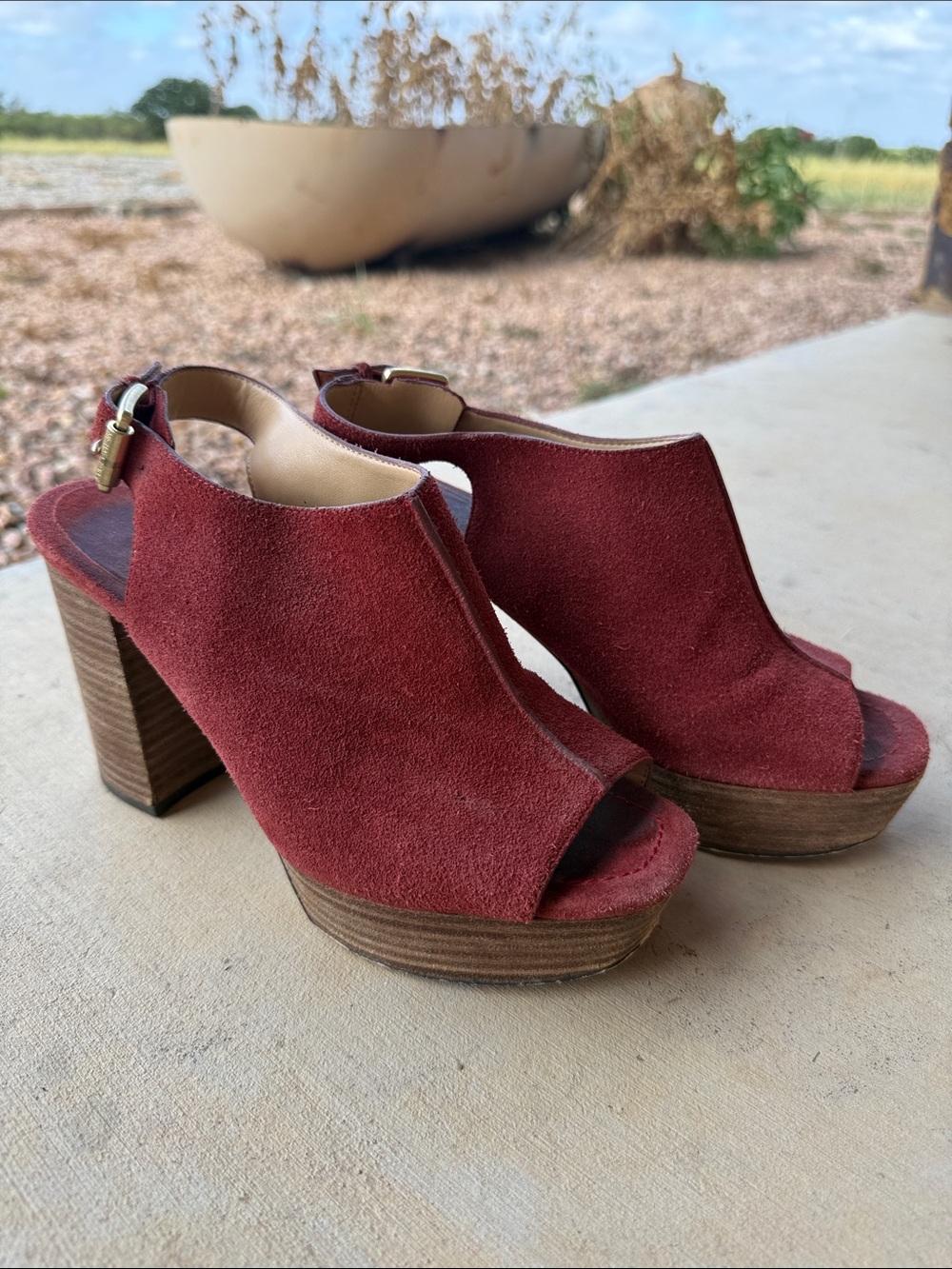 Michael Kors Burgundy Suede Peep-Toe Platform Heels